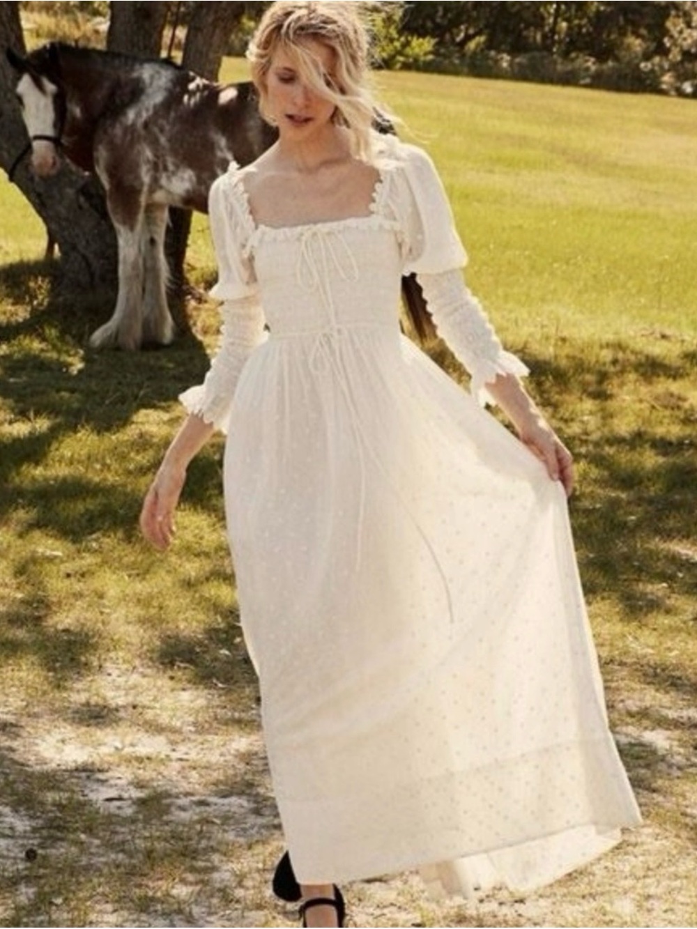 DOEN Bijou Salt XL - Rare! Only Worn Once. Puff-Sleeve Maxi Dress, Swiss dot